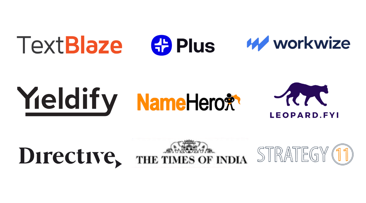 Clients: TextBlaze, Plus, Workwize, Yieldify, NameHero, Leopard.fyi, Directive, Times of India, Strategy11
